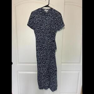 Vintage Adrianna Papell 100% Silk Midi Faux Wrap Dress Womens Size 6 Floral Navy
